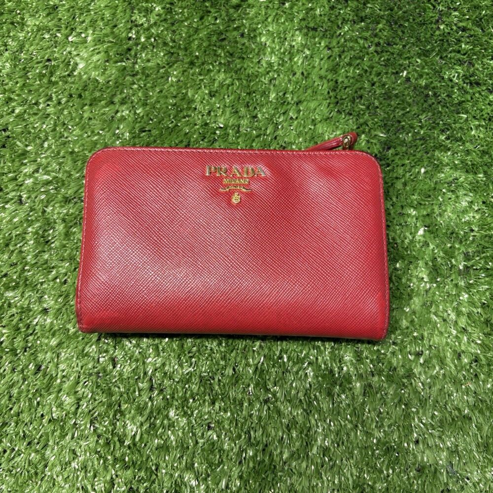PRADA Saffiano Red Zip-Around Women's Bi Fold Wallet Logo Snap flap